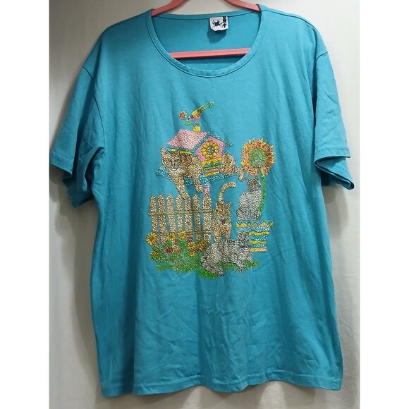 Vintage 90's EZL Puffed Paint Cat Lady Bird Flowers Blue Plus 2XL Stretch NOTE - Picture 1 of 9